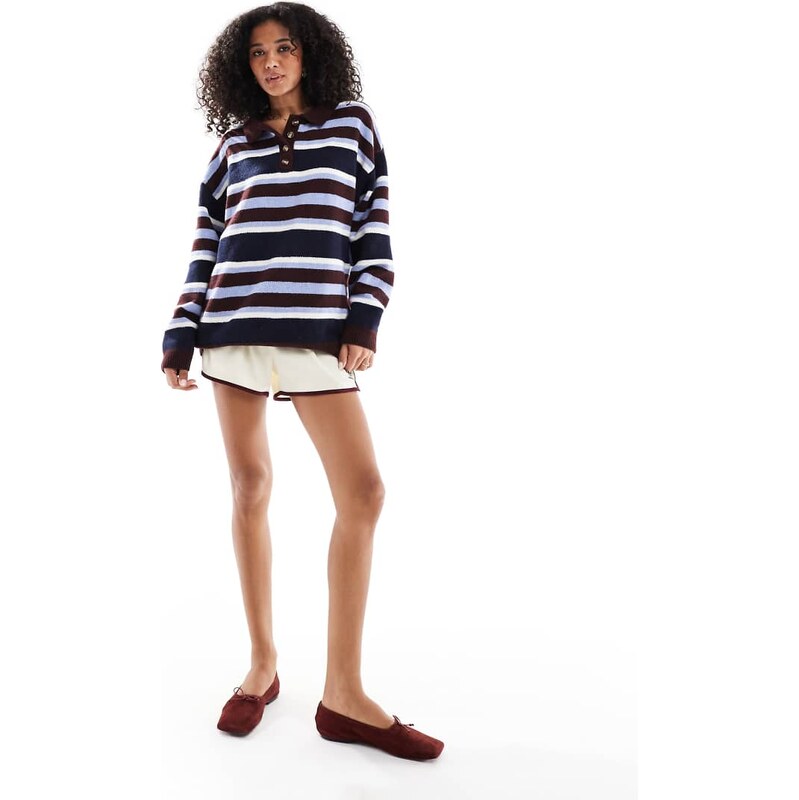 Daisy Street knit slouchy fit rugby polo in blue and brown