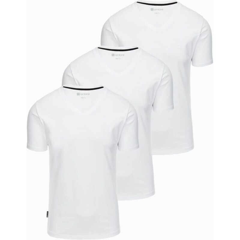 Ombre Clothing Tři balení bílých bavlněných triček s výstřihem