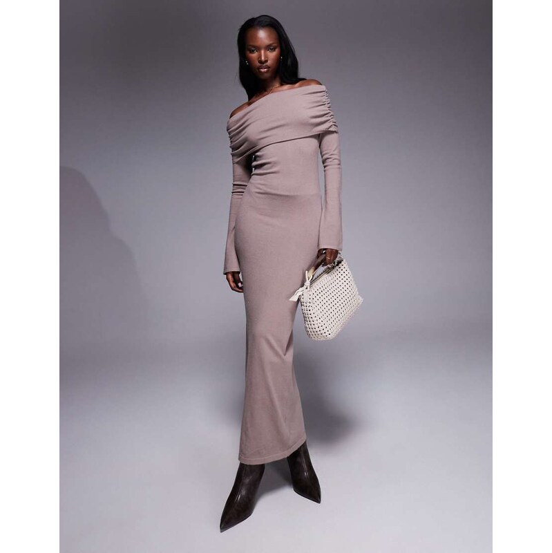 Aria Cove knitted ruched deep bardot maxi dress in mocha-Brown