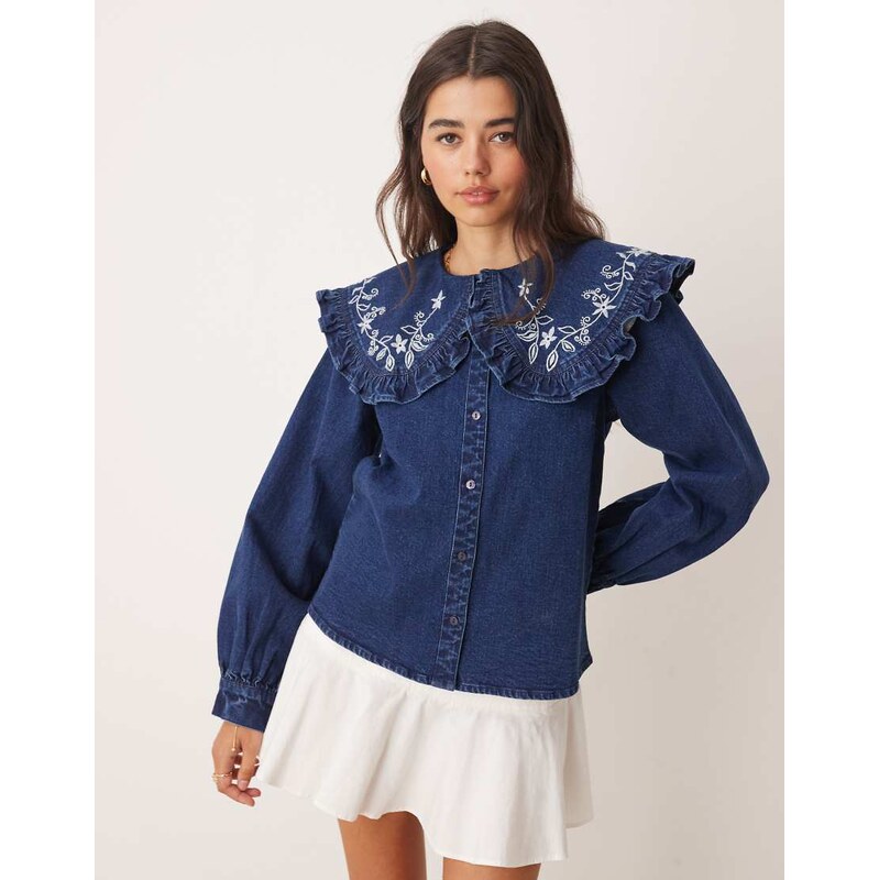 Miss Selfridge frill embroidered collar denim shirt in indigo-Navy 108565688