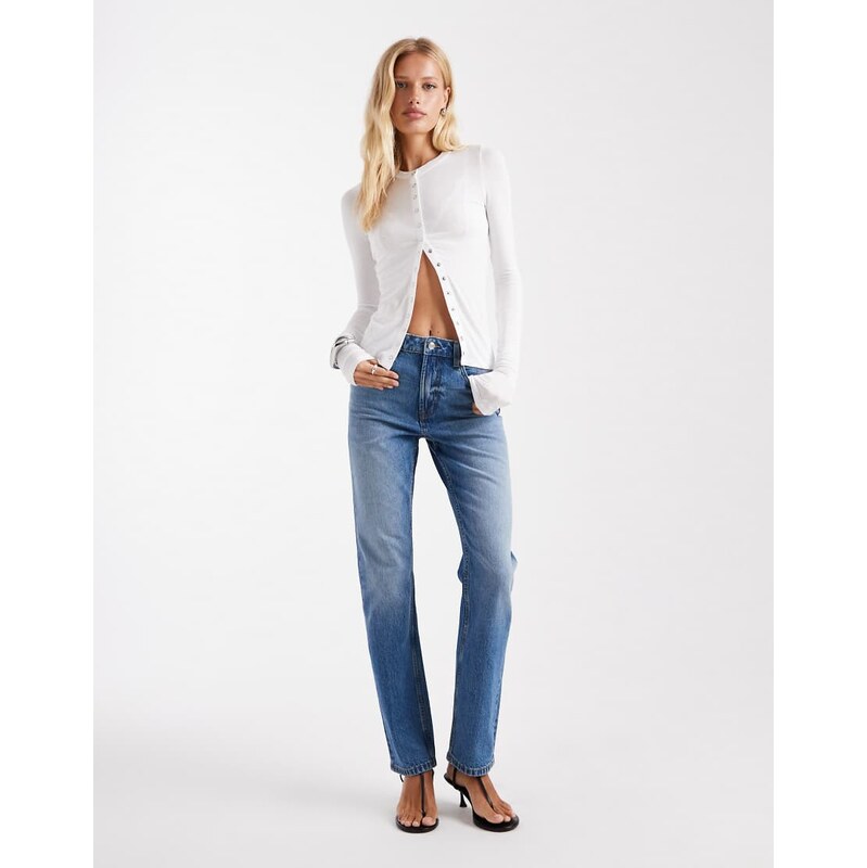 ASOS DESIGN high waisted slim straight jeans in mid blue