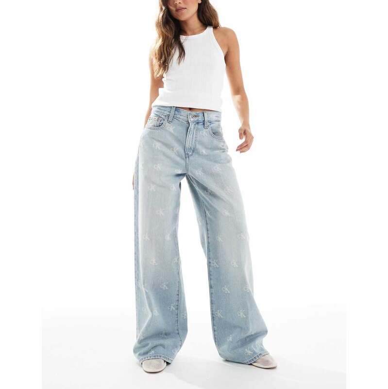 Calvin Klein Jeans distressed logo print wide leg jeans in light