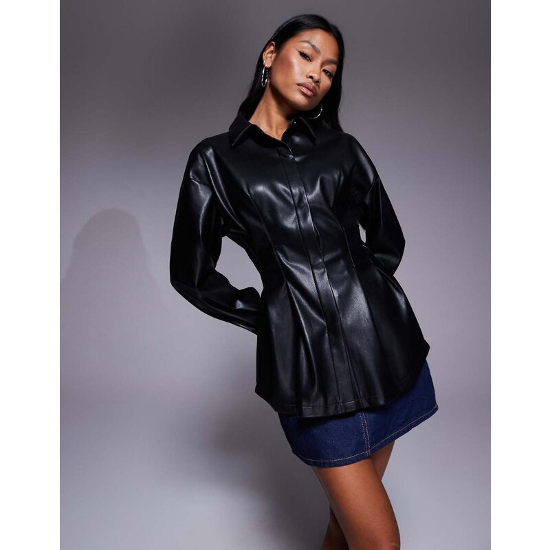 ASOS DESIGN faux leather cinched detail shirt in black