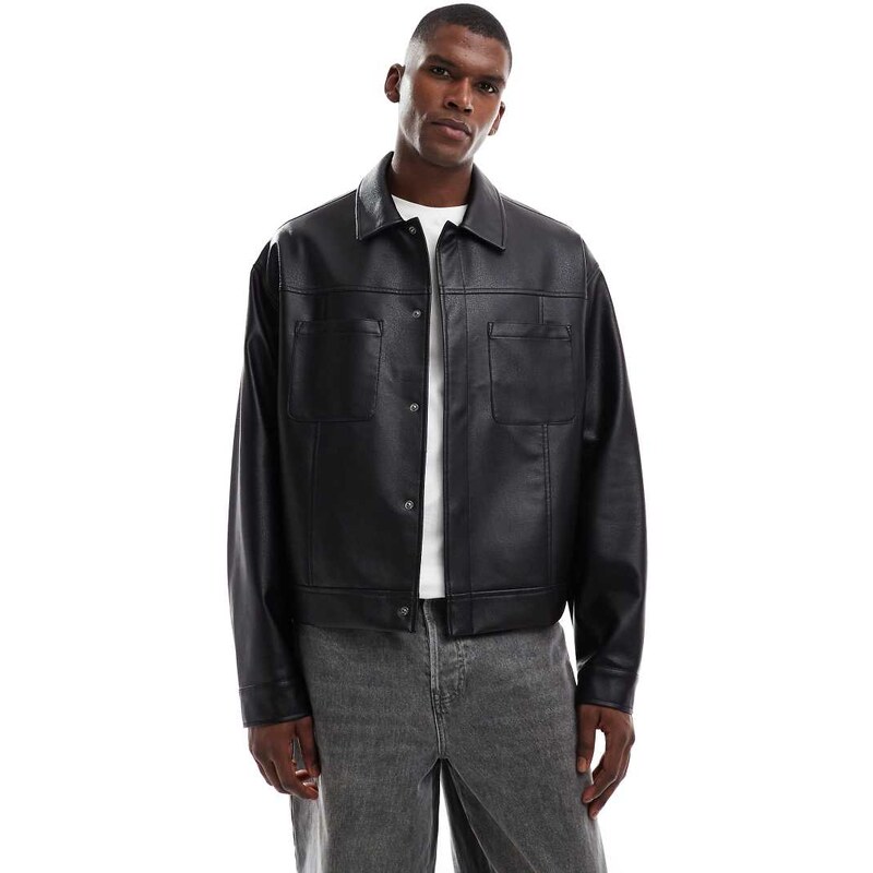 ASOS DESIGN faux leather harrington jacket in black