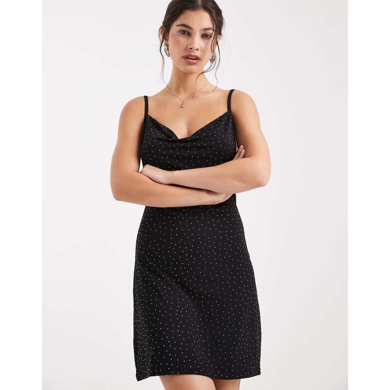 Pieces diamante cowl neck cami mini dress in black 108427795