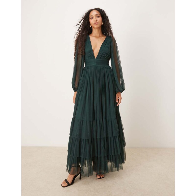 Lace & Beads Bridesmaid long sleeve maxi dress in dark green