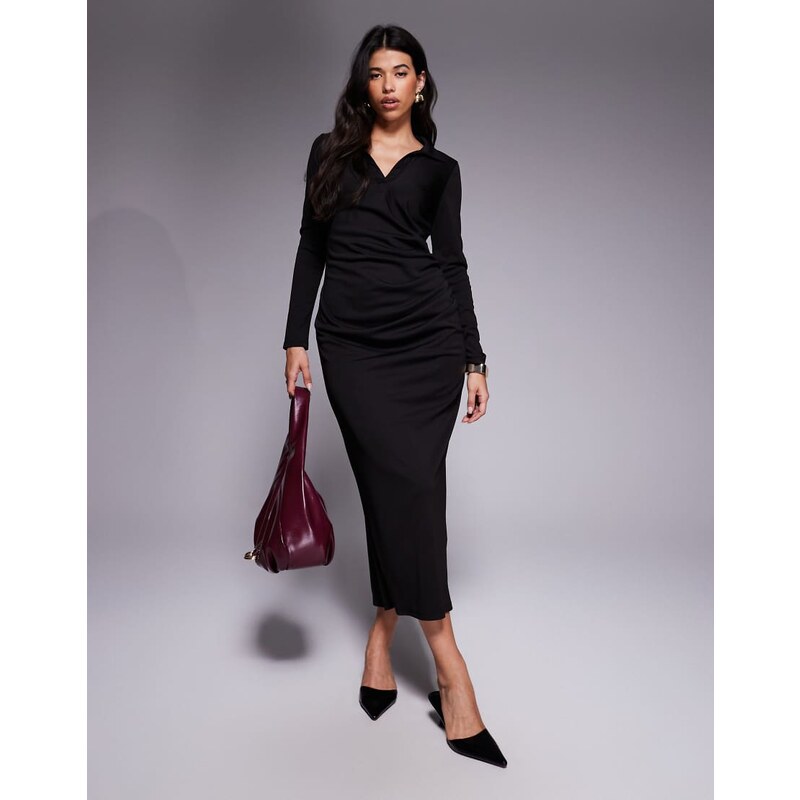 ASOS DESIGN long sleeve draped shirt maxi dress in black-No