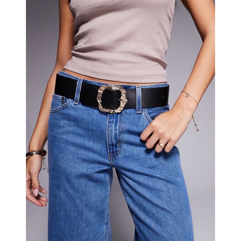 ASOS DESIGN waist and belt with molten gold buckle in black 110753704