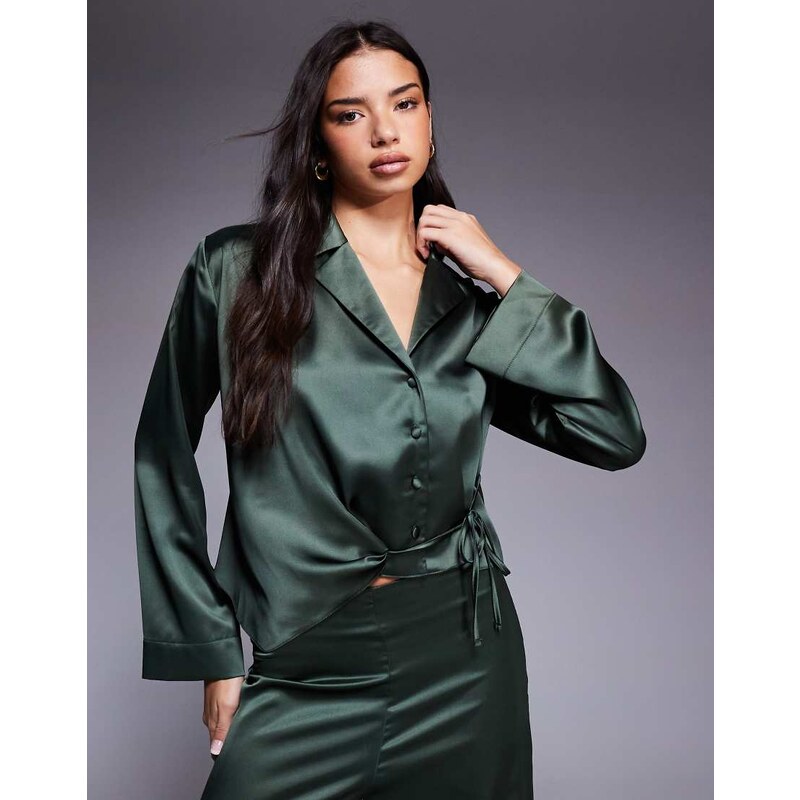 ASOS DESIGN satin wrap and drape detail co-ord shirt in khaki