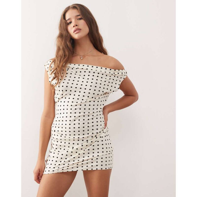 Lioness Sweetheart drape off shoulder satin mini dress in cream polka 108427922