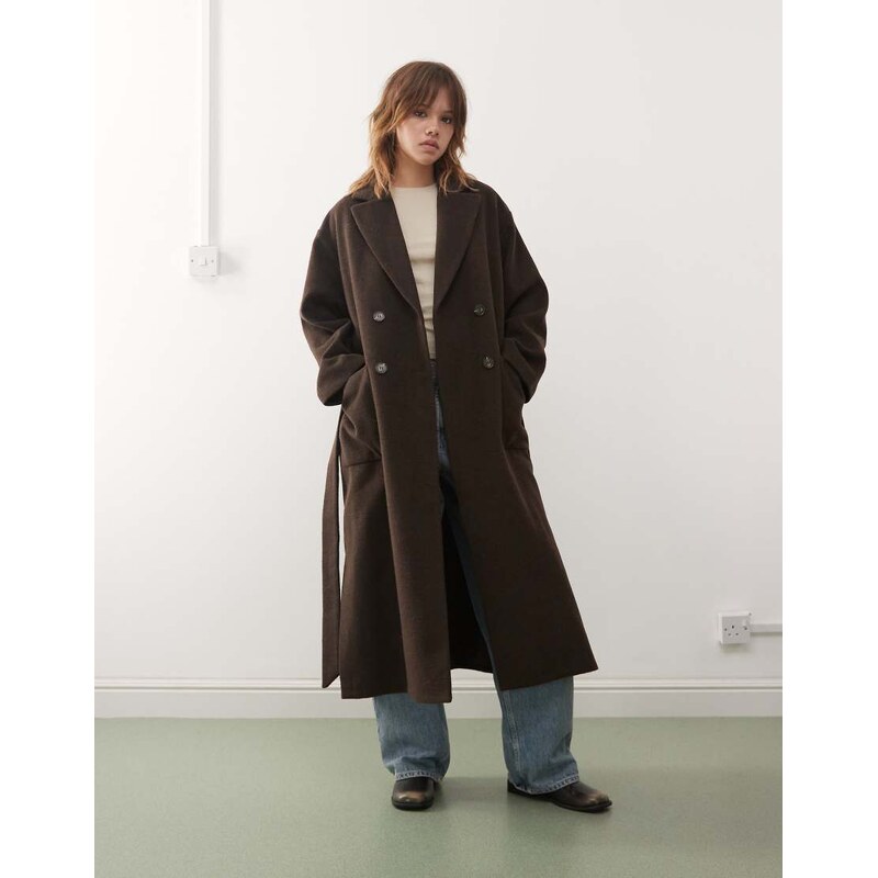 Monki belted double breasted coat with wool in brown melange 108427952