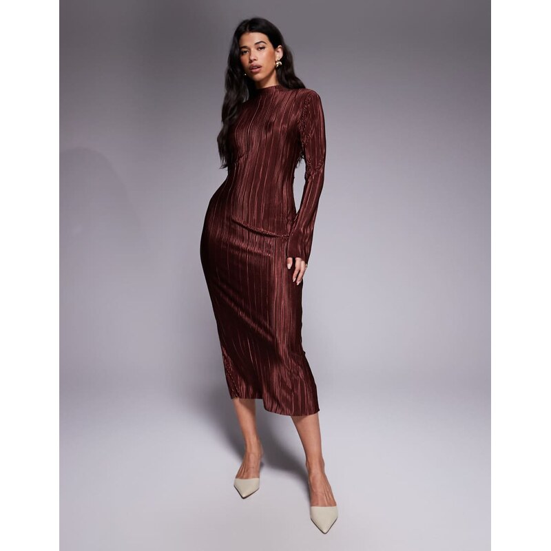 ASOS DESIGN tie back long sleeve plisse dress in chocolate-Brown