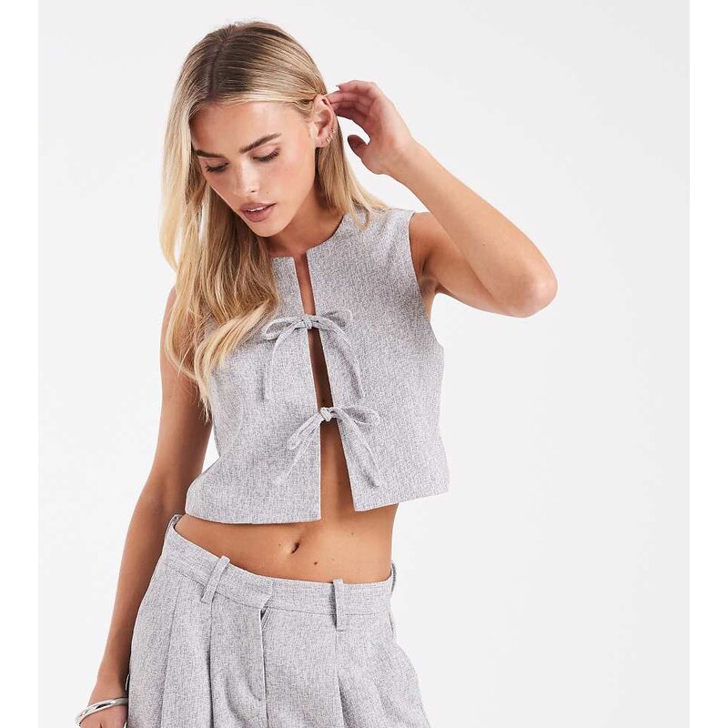 Vero Moda Petite tailored tie front waistcoat co-ord in grey melange 108430438