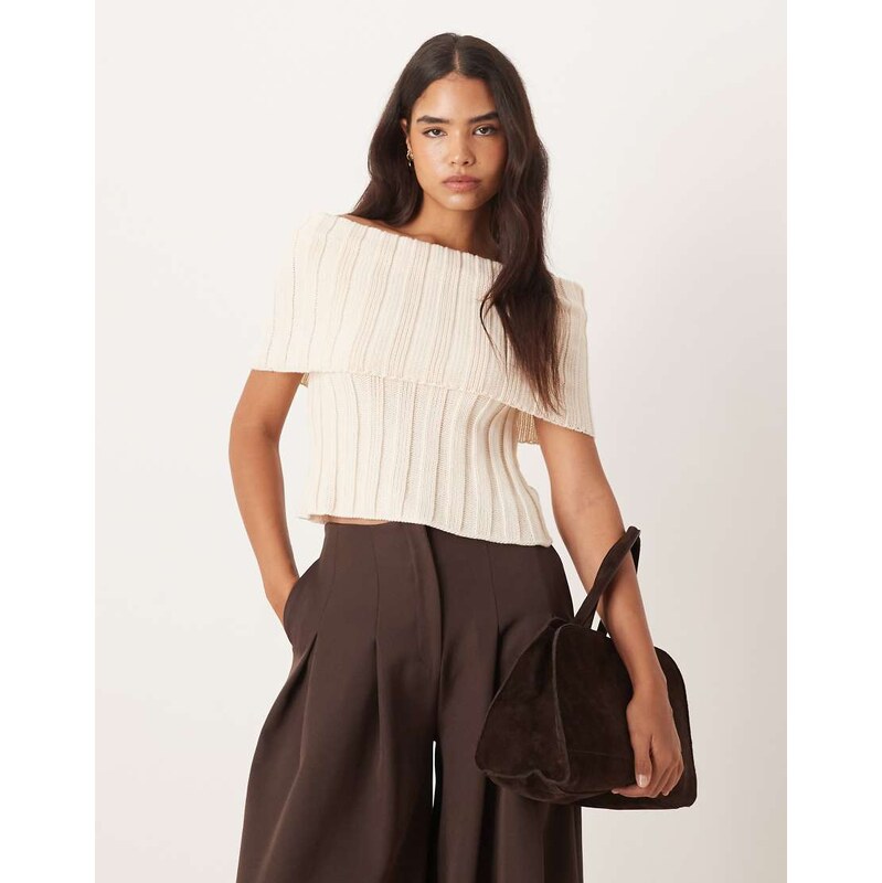ASOS DESIGN slouchy neck knitted top in rib in cream-White 108428097