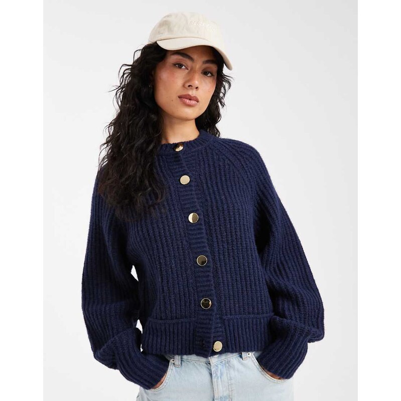 ASOS DESIGN knitted fisherman rib cardigan with raglan detail in navy 108430382