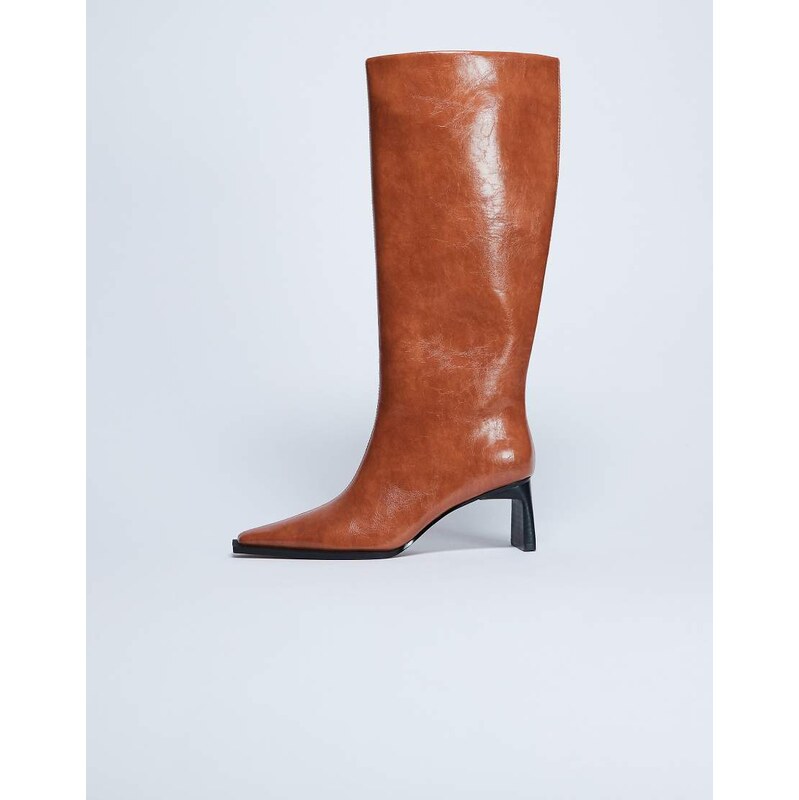 Topshop Talia chisel toe knee high boot in tan-Brown 115735051