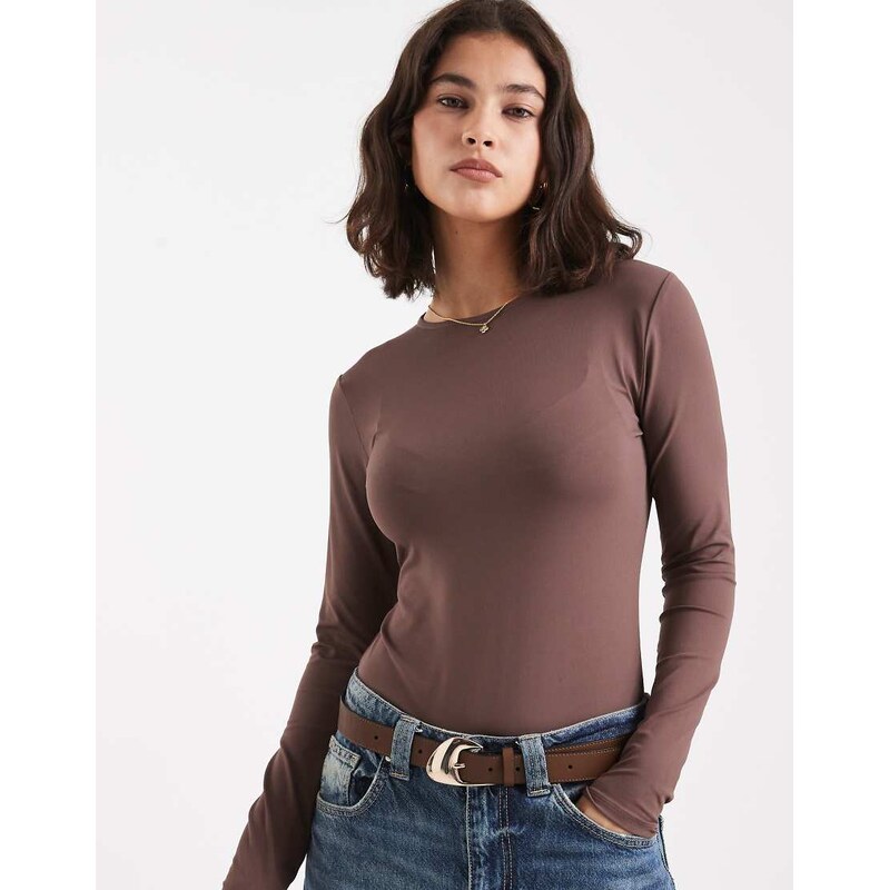 ASOS DESIGN polyamide slinky long sleeve bodysuit in brown-Grey