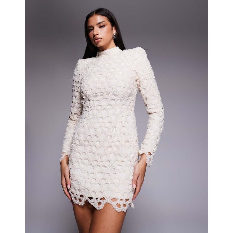ASOS LUXE pearl embellished laser cut high neck mini dress in ivory 108433044