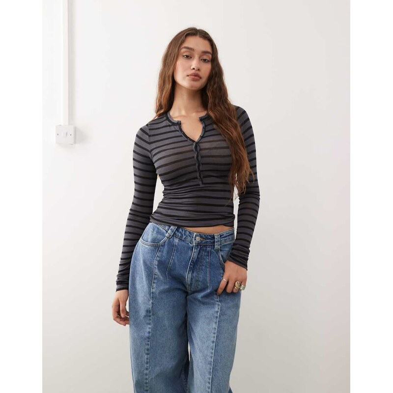 Weekday long sleeve henley t-shirt in grey & black stripe 115535533
