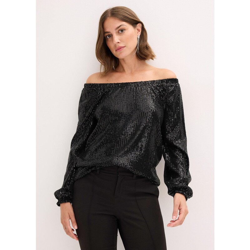 bonprix Oversized triko Carmen s pajetkami černá Žena 110992435