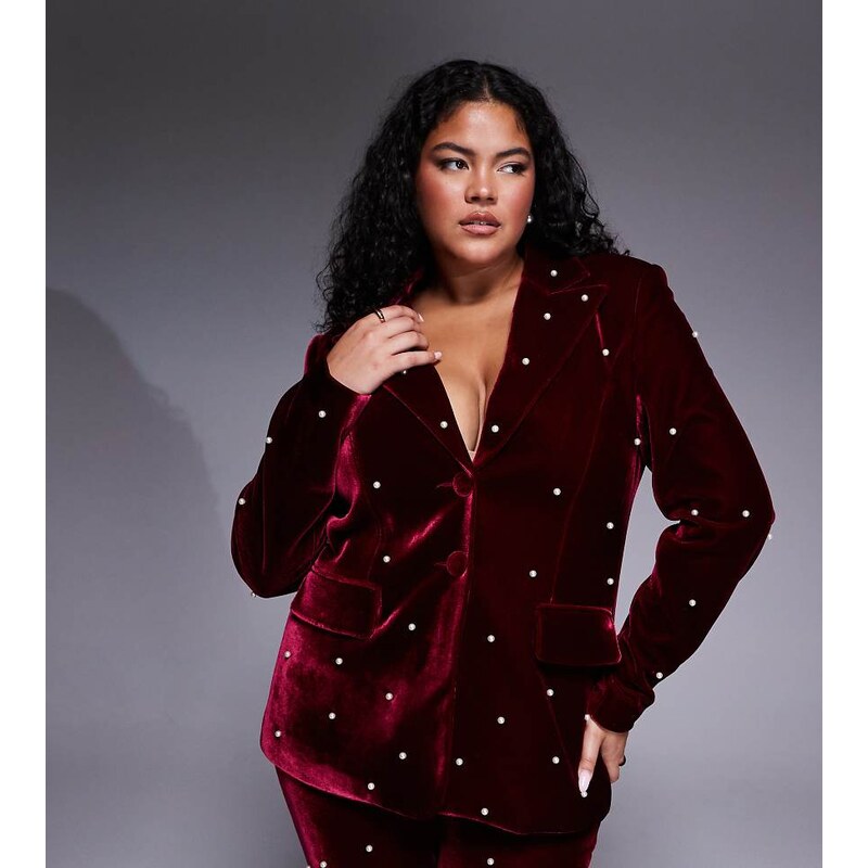 ASOS LUXE Curve co-ord pearl embellished velvet blazer in burgundy-Red 108529946