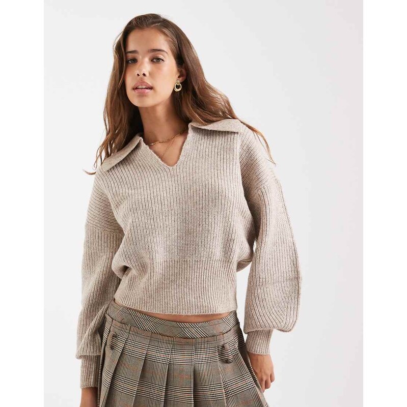 ASOS DESIGN polo in fisherman rib with waisted detail in oatmeal 108431012