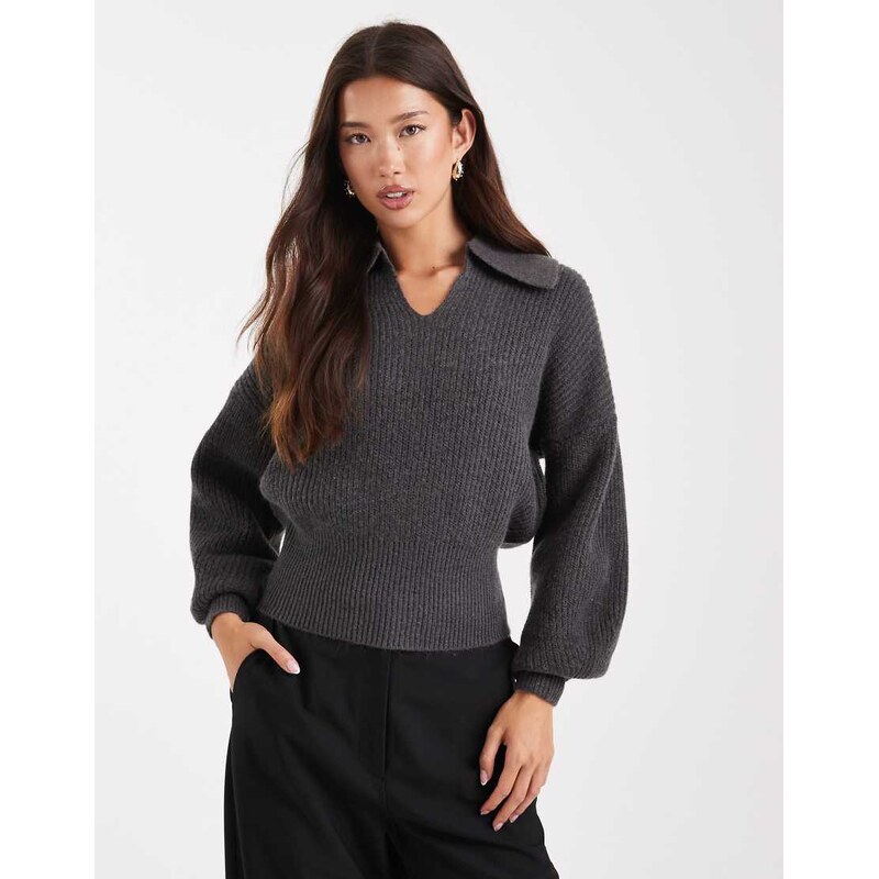 ASOS DESIGN polo in fisherman rib with waisted detail in charcoal-Grey 108431013
