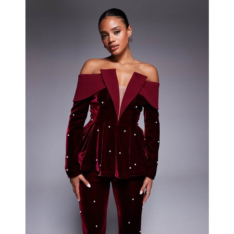 ASOS LUXE co-ord velvet off the shoulder structured blazer top with 108433062