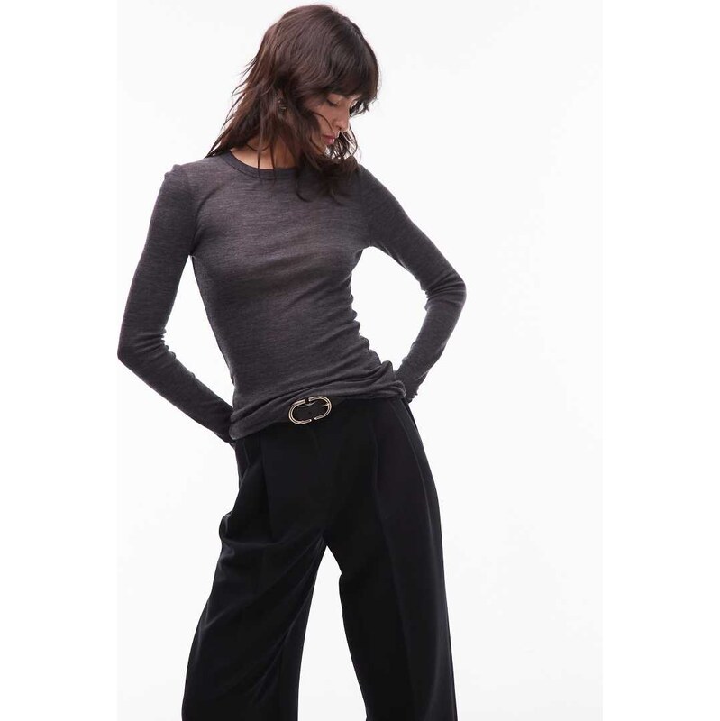 ARKET merino wool knitted semi sheer long sleeve top in dark grey 108433160