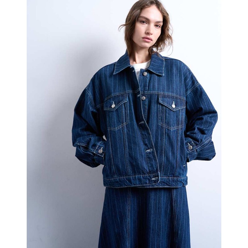 Topshop denim balloon sleeve jacket in indigo stripe-Blue