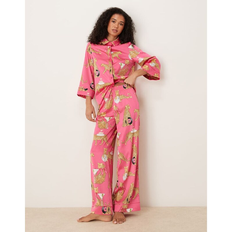 Chelsea Peers satin batwing revere pyjama set in disco leopard print 108450939