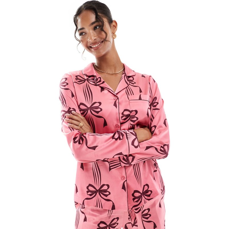 Chelsea Peers satin long sleeve revere pyjama set in bow print-Pink 109615222