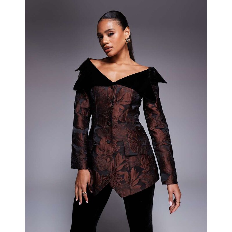 ASOS LUXE co-ord jacquard off shoulder blazer with velvet detail in 108736004