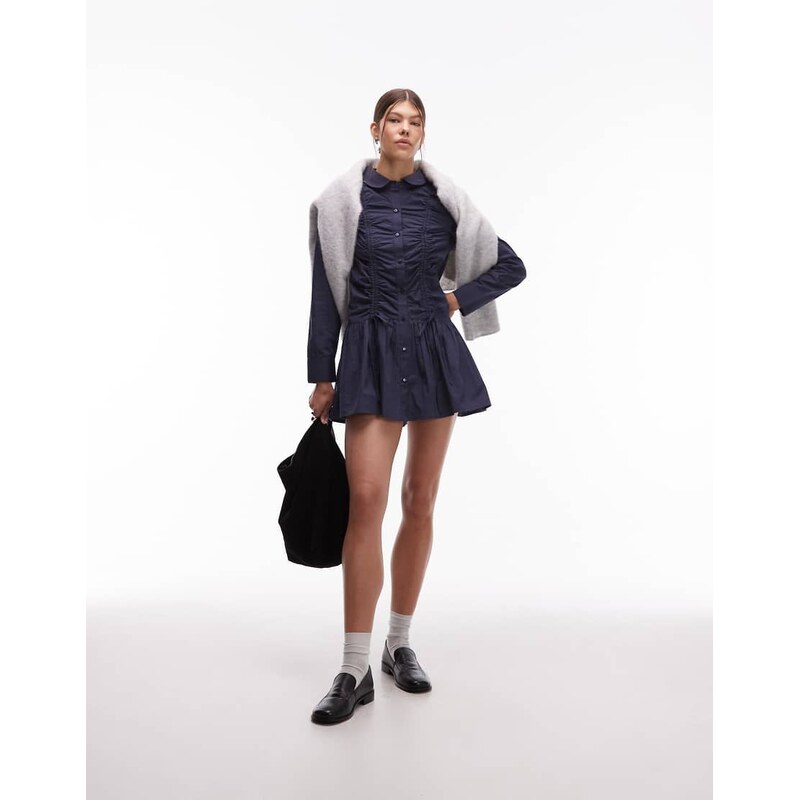 COLLUSION long sleeve ruched mini shirt dress in navy 112705679