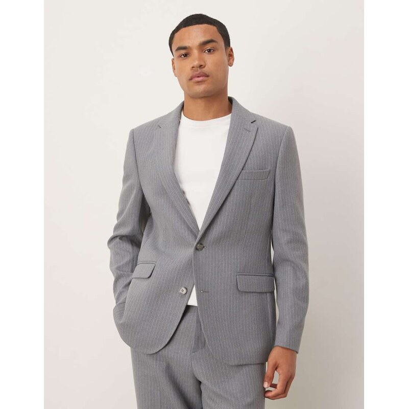 ASOS DESIGN regular wool suit jacket with grey pinstripe