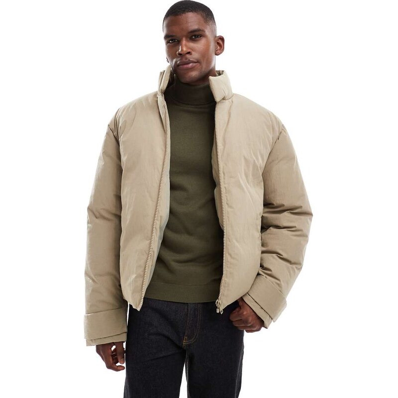 ASOS DESIGN puffer jacket with funnel neck in stone-Neutral