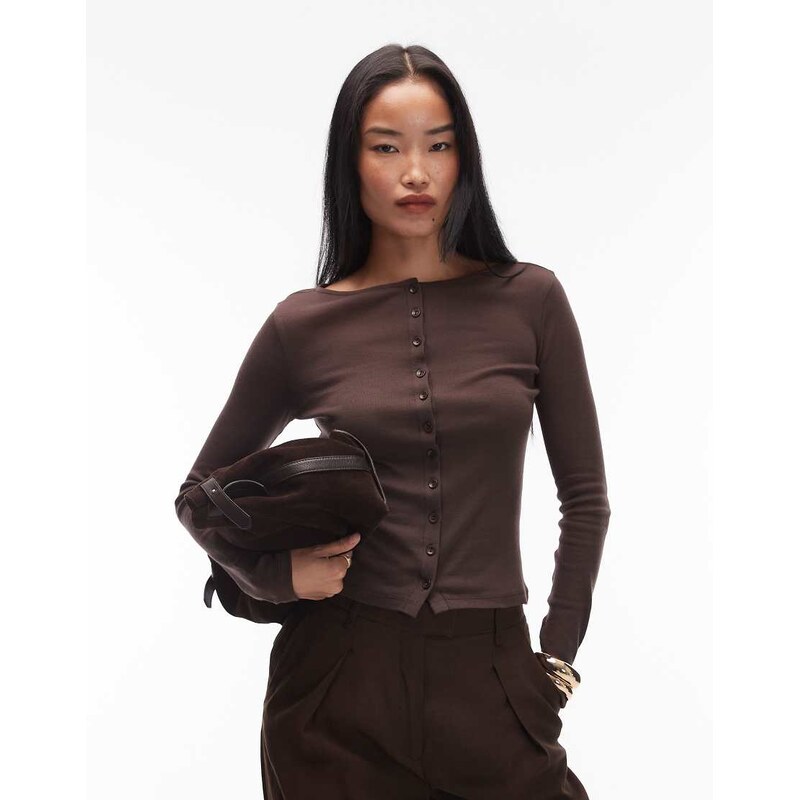ASOS DESIGN button through long sleeve top in chocolate brown 113263527