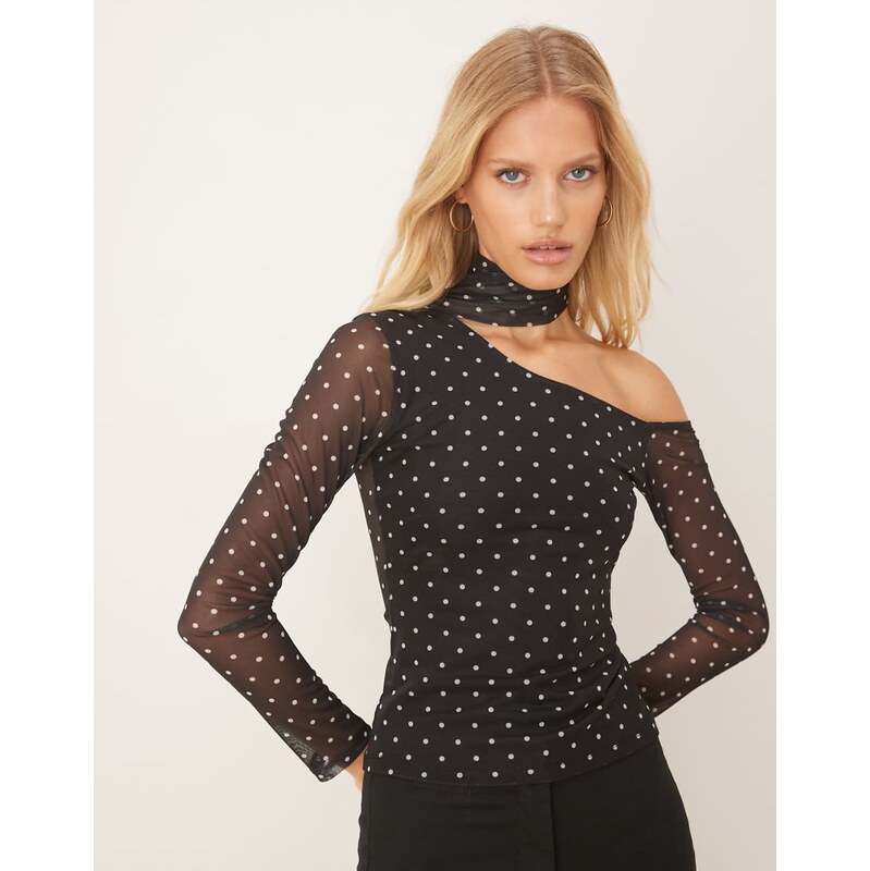 ASOS DESIGN polka dot mesh long sleeve asymmetric top with scarf 108436921