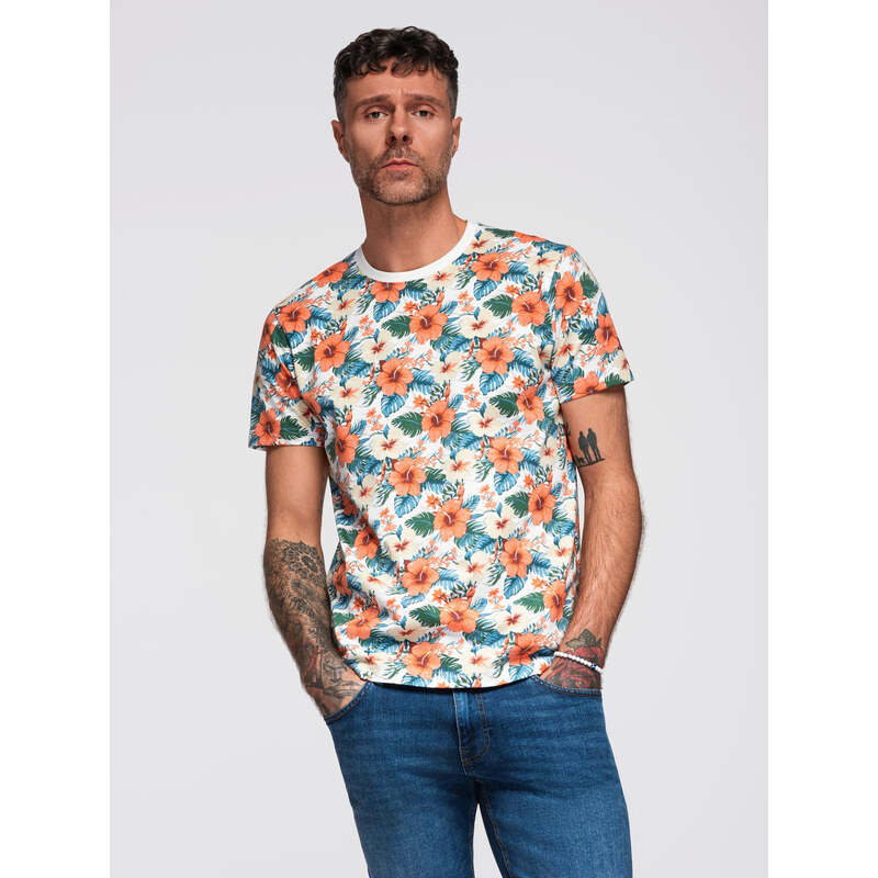 Ombre Mens cotton t-shirt with floral full print pattern - white