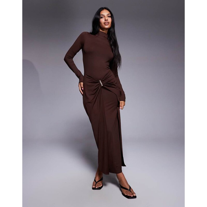 ASOS DESIGN slash neck long sleeve wrap hardware detail midi