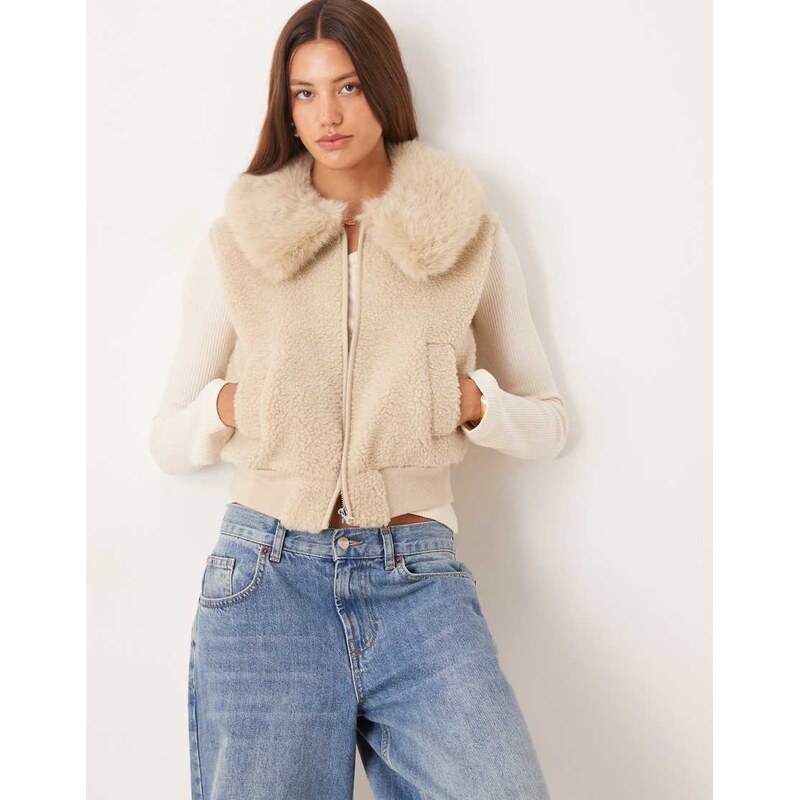ASOS DESIGN borg fleece gilet with faux fur collar-White