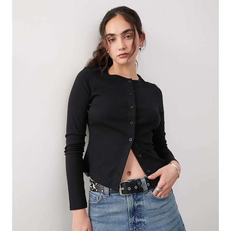 COLLUSION long sleeve pointelle cardigan in black 108442443