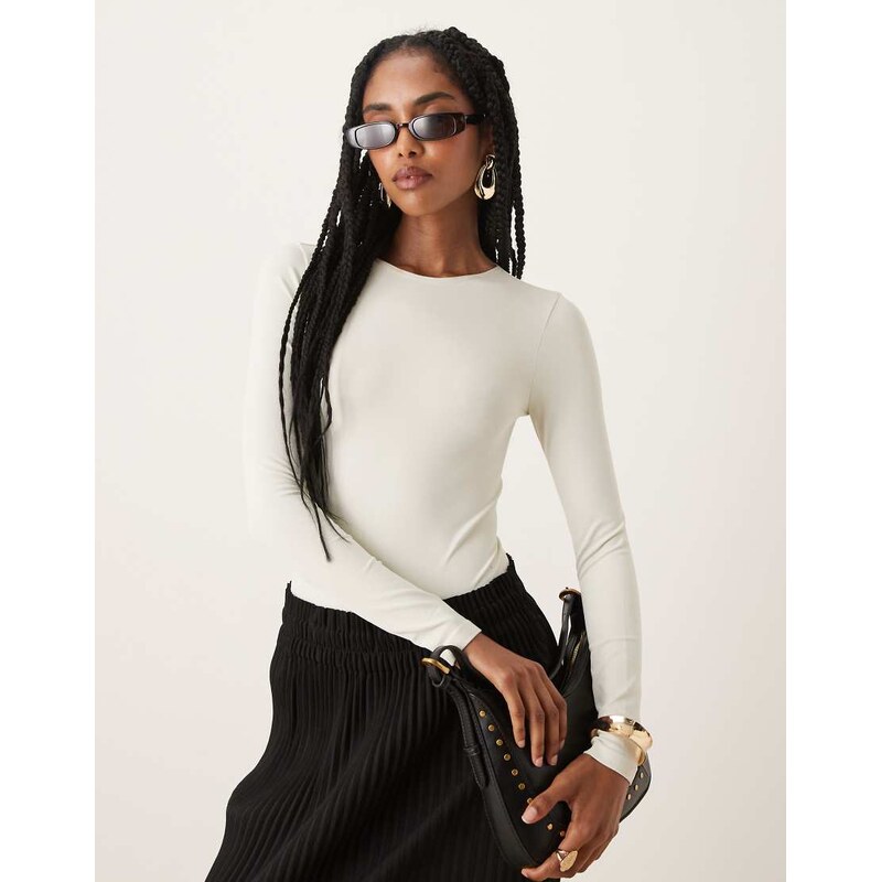 ASOS DESIGN seamless long sleeve crew neck bodysuit in stone