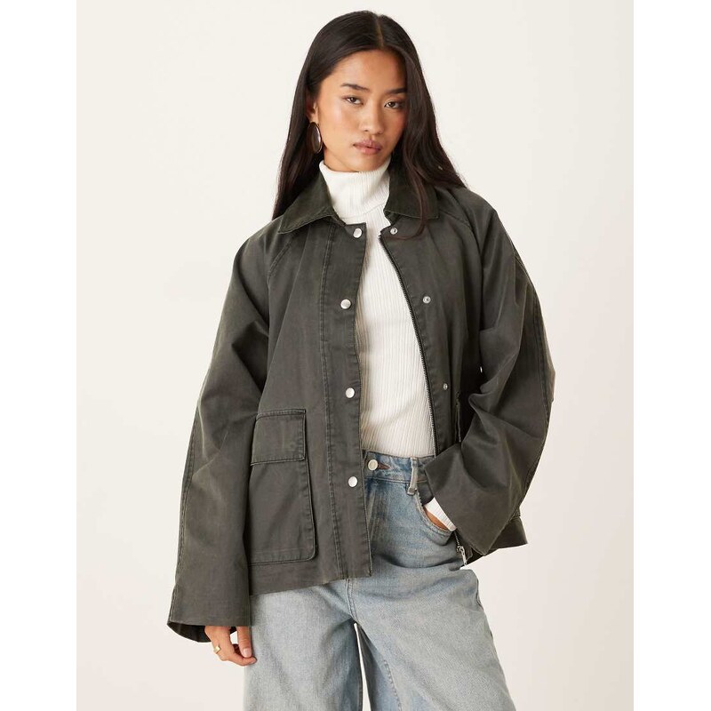 Gina Tricot quilted oversize corduroy jacket in dark khaki green with 108442548