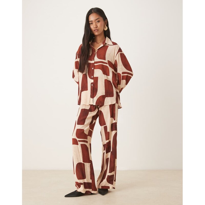 Mango straight trouser co-ord in abstract print-Brown 108442568