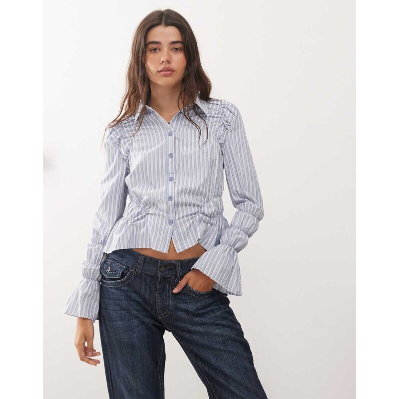 Lioness Manor shirred sleeve detail button front cropped shirt in blue 108442587