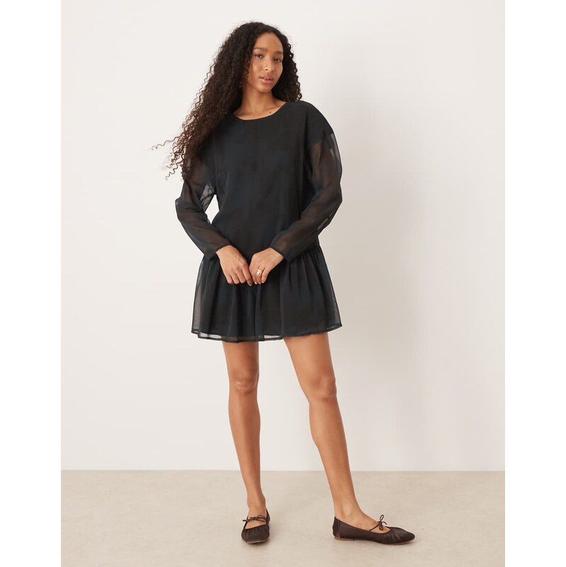 ASOS DESIGN chiffon dropped waist mini smock dress in black-Multi