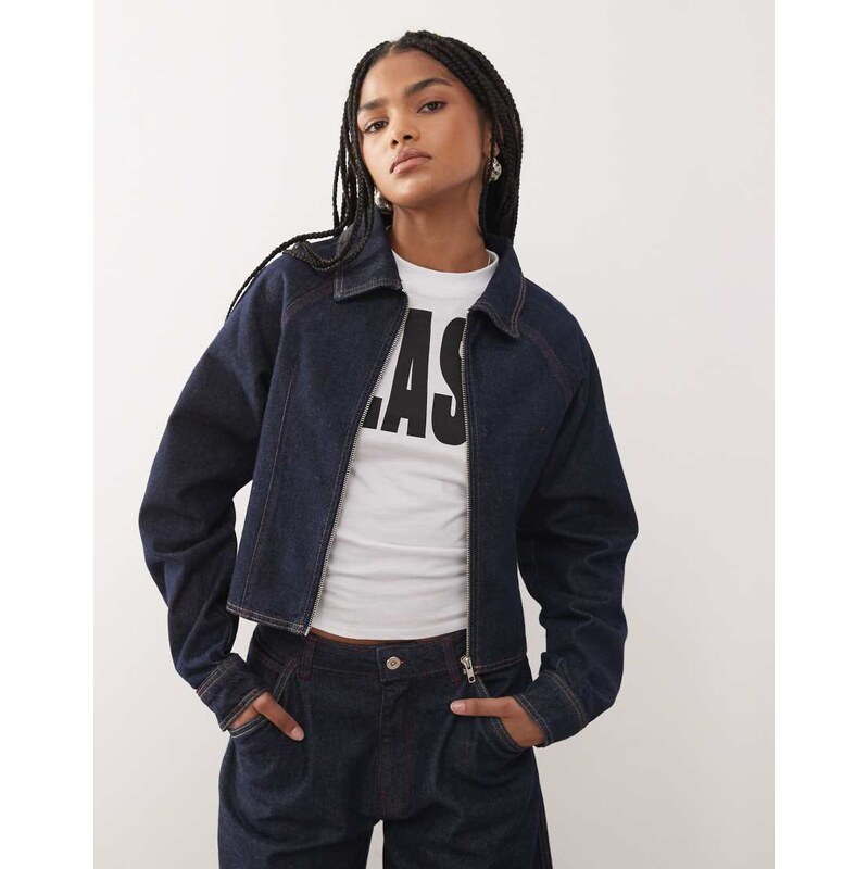COLLUSION Denim fitted jacket with cinch back in rinse with pink
