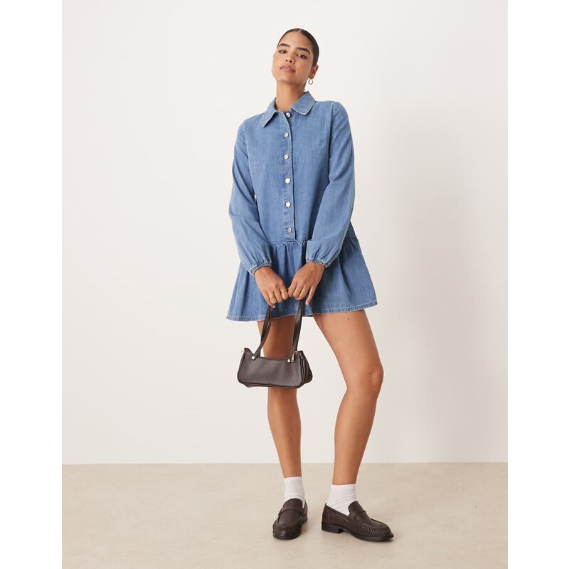 ASOS DESIGN denim dropped waist long sleeve mini dress in indigo