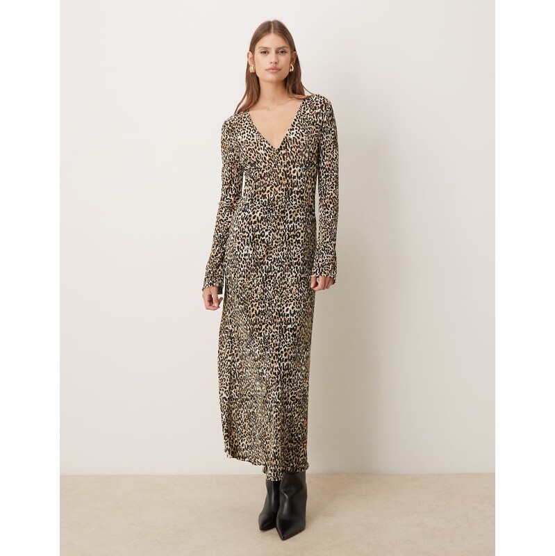 Mango v neck long sleeve plisse midi dress in leopard print